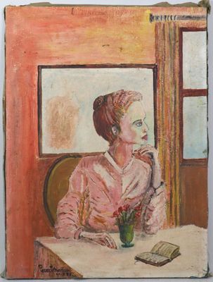 painting of a woman sitting at a table in front of a window