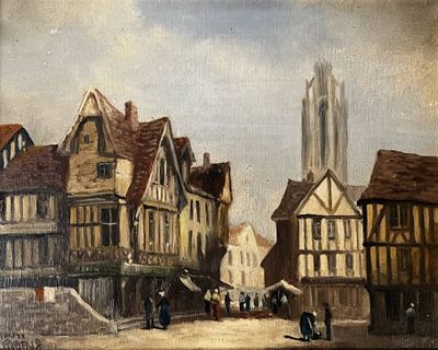 peinture d'une scène de rue avec une église à l'arrière-plan