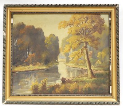 an image of a painting of a river with trees in the background