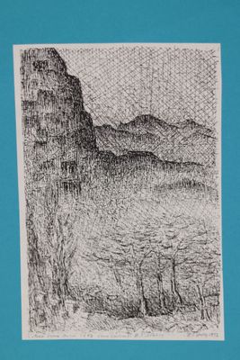 dessin représentant un paysage avec une montagne au loin