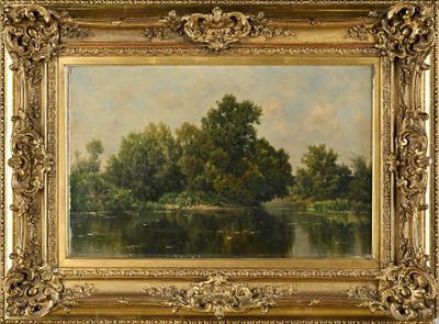 l'image d'une peinture représentant une rivière avec des arbres en arrière-plan