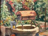 une peinture à l'huile représentant un puits au milieu d'un jardin
