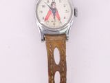 wrist watch with brown leather strap on white background
