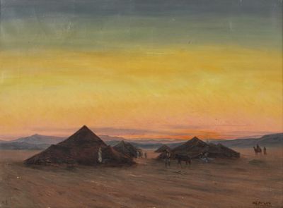 un tableau représentant un paysage désertique avec deux huttes au premier plan