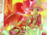 abstract painting of a woman with a hat and flowers in a vase