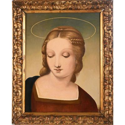 un tableau représentant une femme avec une auréole sur la tête