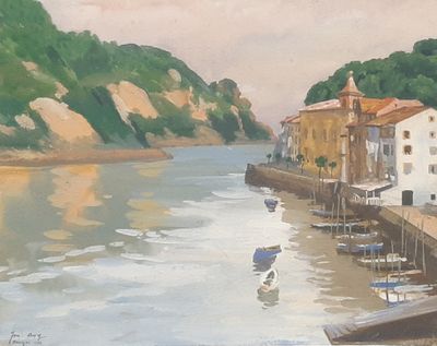 a painting of a harbor with boats docked on the shore