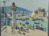 a painting of a lighthouse in a harbor with boats in the water