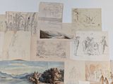 many drawings of people and animals on a table