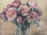 a painting of pink roses in a vase on a table