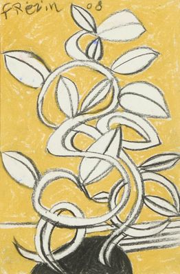 dessin représentant un vase contenant une plante, sur fond jaune