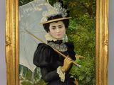 tableau représentant une femme en robe noire tenant un parapluie blanc