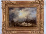 an oil painting of ships in rough water with a cloudy sky in the background