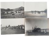 plusieurs vieilles photos en noir et blanc représentant des personnes et des bateaux dans un champ