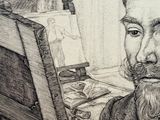 a drawing of a man with a beard sitting at a desk