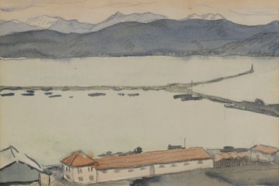 a watercolor painting of a view of a harbor and mountains