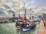 une peinture représentant un bateau dans l'eau près d'un quai
