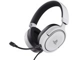 Le casque blanc est équipé d'un micro fixé à l'oreillette.