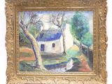 une peinture à l'huile représentant une maison blanche au toit bleu, entourée d'arbres