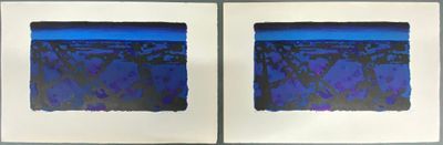 deux photos représentant des tableaux bleus et noirs accrochés à un mur blanc