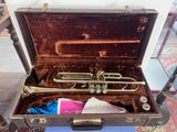 a brown case with a trumpet inside of it