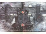 un dessin représentant un train sur les voies dans une gare