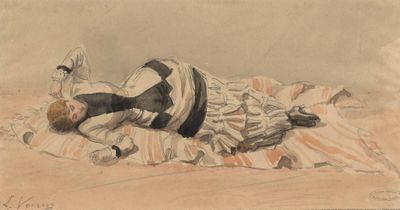 drawing of a woman laying on a blanket with her feet on the ground