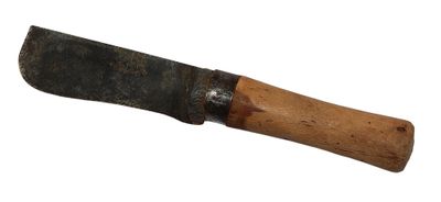 an old knife with a wooden handle on a white background