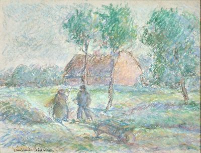 une image représentant un tableau où l'on voit deux personnes dans un champ