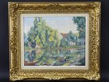 une peinture à l'huile représentant une scène fluviale avec des bateaux et des arbres