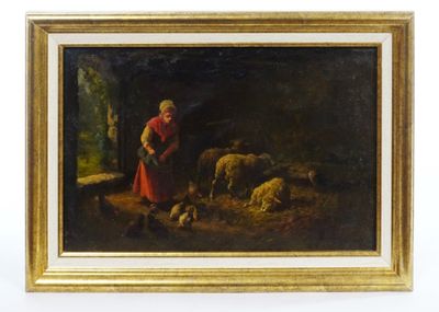 tableau représentant une femme s'occupant de ses moutons dans un décor boisé