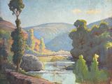 une image représentant une peinture d'une rivière avec des arbres et des montagnes en arrière-plan