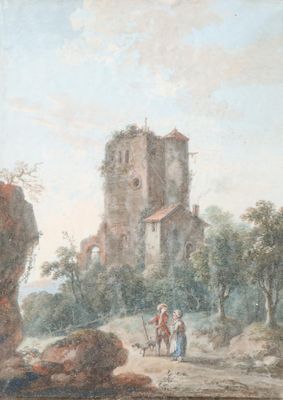 painting of a castle in a wooded area with a man and a woman on a horse