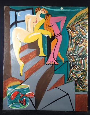 an image of a painting of a woman and a man sitting on a chair
