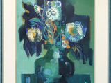 a painting of flowers in a vase on a table