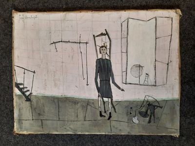 drawing of a woman in a black dress standing in a room with a cat