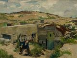 peinture représentant un tableau d'un vieux bâtiment situé dans une région désertique