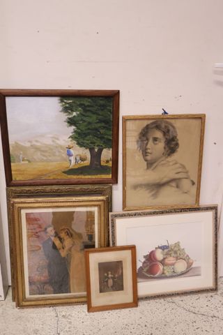 Six cadres : dessin « jeune grec », gravures, chromo, cadre, huil...