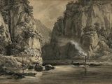 un tableau représentant une rivière avec des bateaux