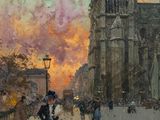 painting of a painting of people walking down a street in front of a cathedral