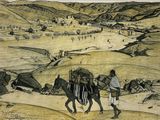 painting of a man walking with a donkey and a cart in the desert