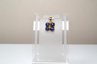 une boucle d'oreille bleue et dorée présentée dans une vitrine transparente