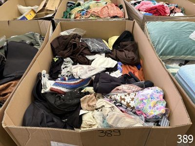 a box full of clothes sitting on the floor
