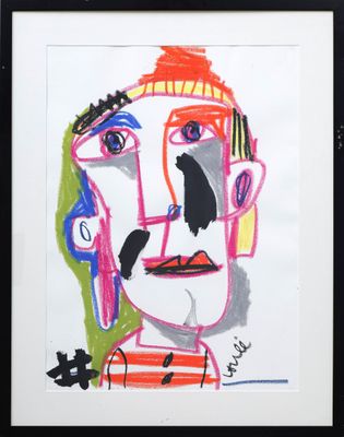 painting of a man ' s face in a black frame with a white background