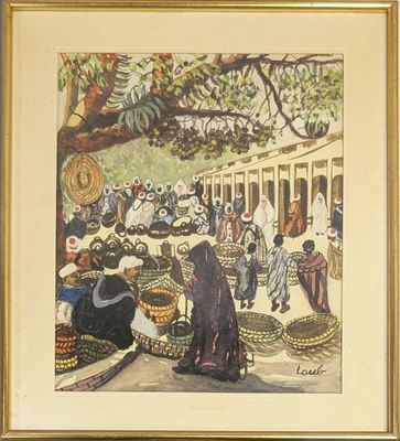 tableau représentant un groupe de personnes assises sous un arbre devant un bâtiment