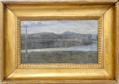 une peinture à l'huile représentant un paysage avec un lac et des montagnes en arrière-plan