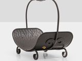 an image of a black basket with wheels on a white surface