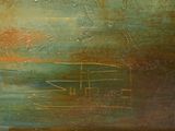 abstract painting of a boat in a body of water with a sunset in the background
