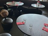 tables and chairs in a restaurant with a view of the outside