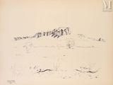 dessin représentant un paysage avec une montagne au loin et une personne à cheval au premier plan